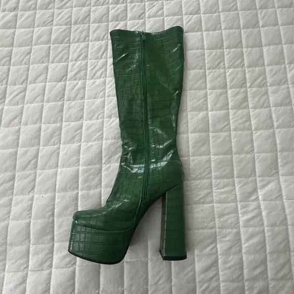 JINGPIN Womens Platform Boots 36 Green Faux Crocodile High Block Heel US 6 Glam - Picture 6 of 16